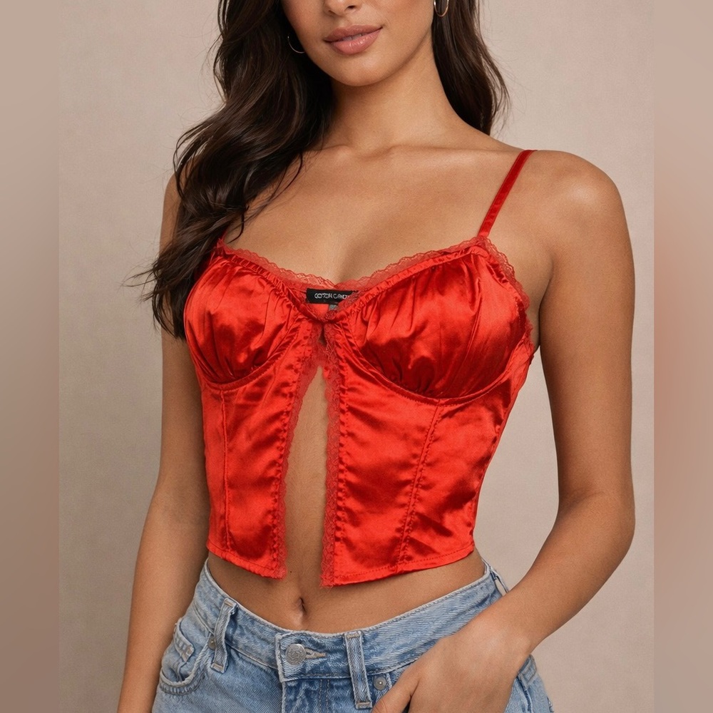 Red Satin Lace Corset Camisole Crop Top Y2K Inspired Size Small